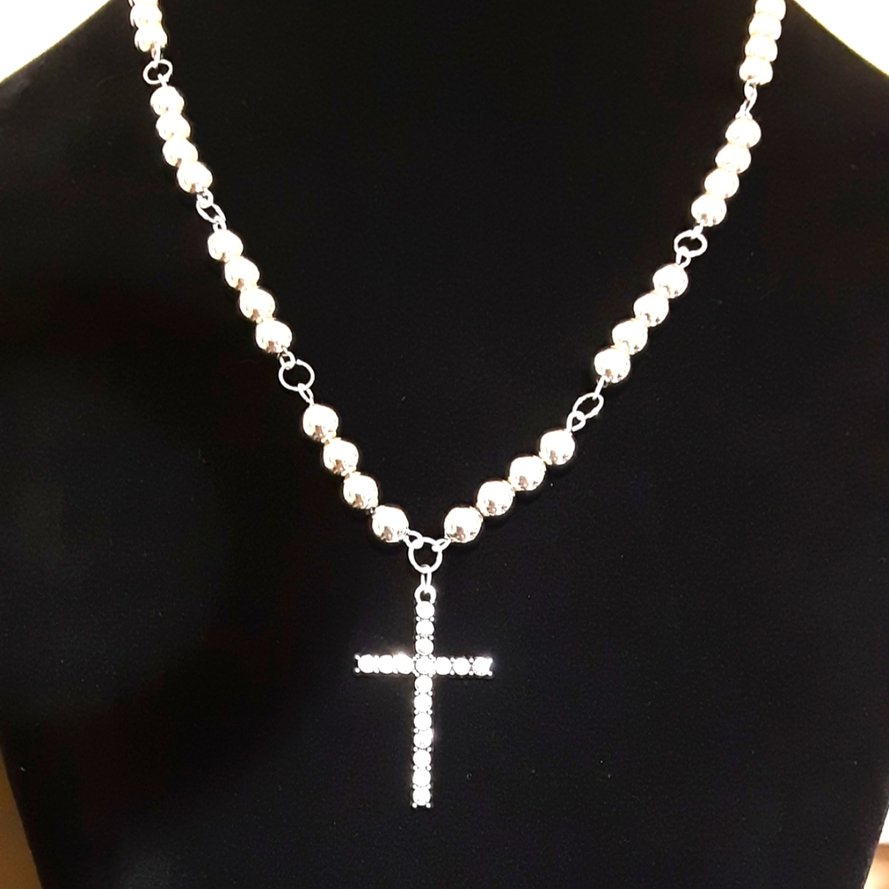 Handmade Cross Necklace Rhinestone  Silvertone